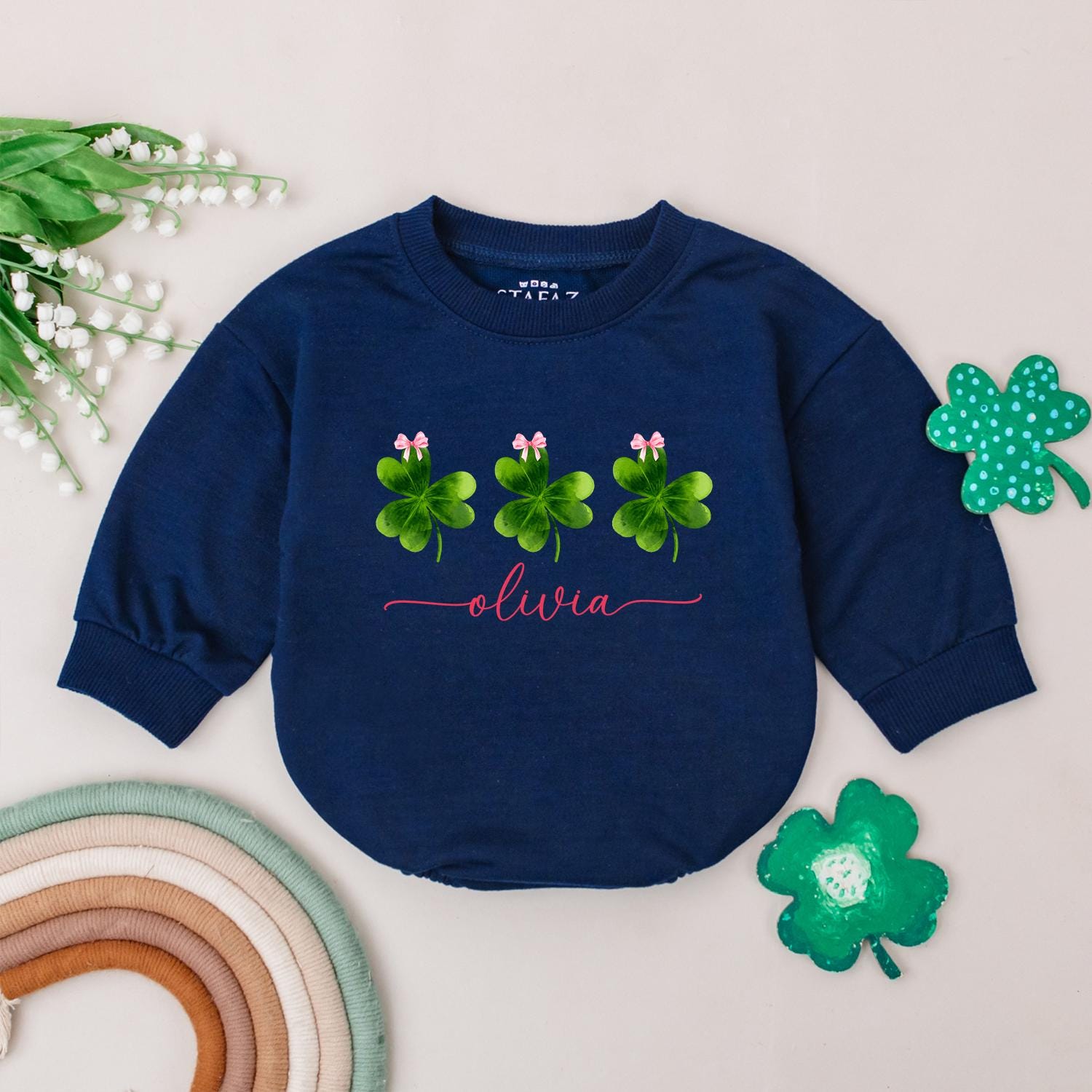 Personalized Clover Romper: Lucky Name Sweatshirt Outfit for Baby Girl, St. Patrick's Day Irish Gift, Four Leaf Clover Newborn Outfit, Custom Name 135 chars