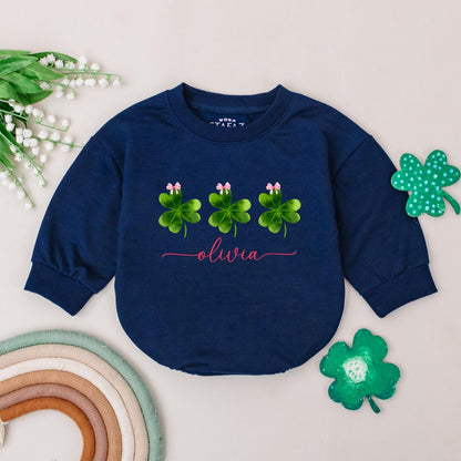 Personalized Clover Romper: Lucky Name Sweatshirt Outfit for Baby Girl, St. Patrick's Day Irish Gift, Four Leaf Clover Newborn Outfit, Custom Name 135 chars