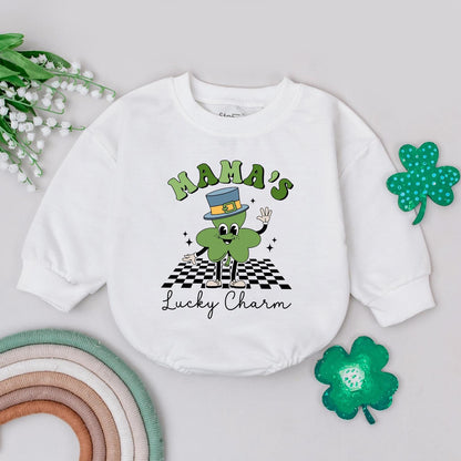 Retro Mama's Lucky Charm Baby Romper St. Patrick's Day Four Leaf Clover Newborn Irish Baby Gift Outfit