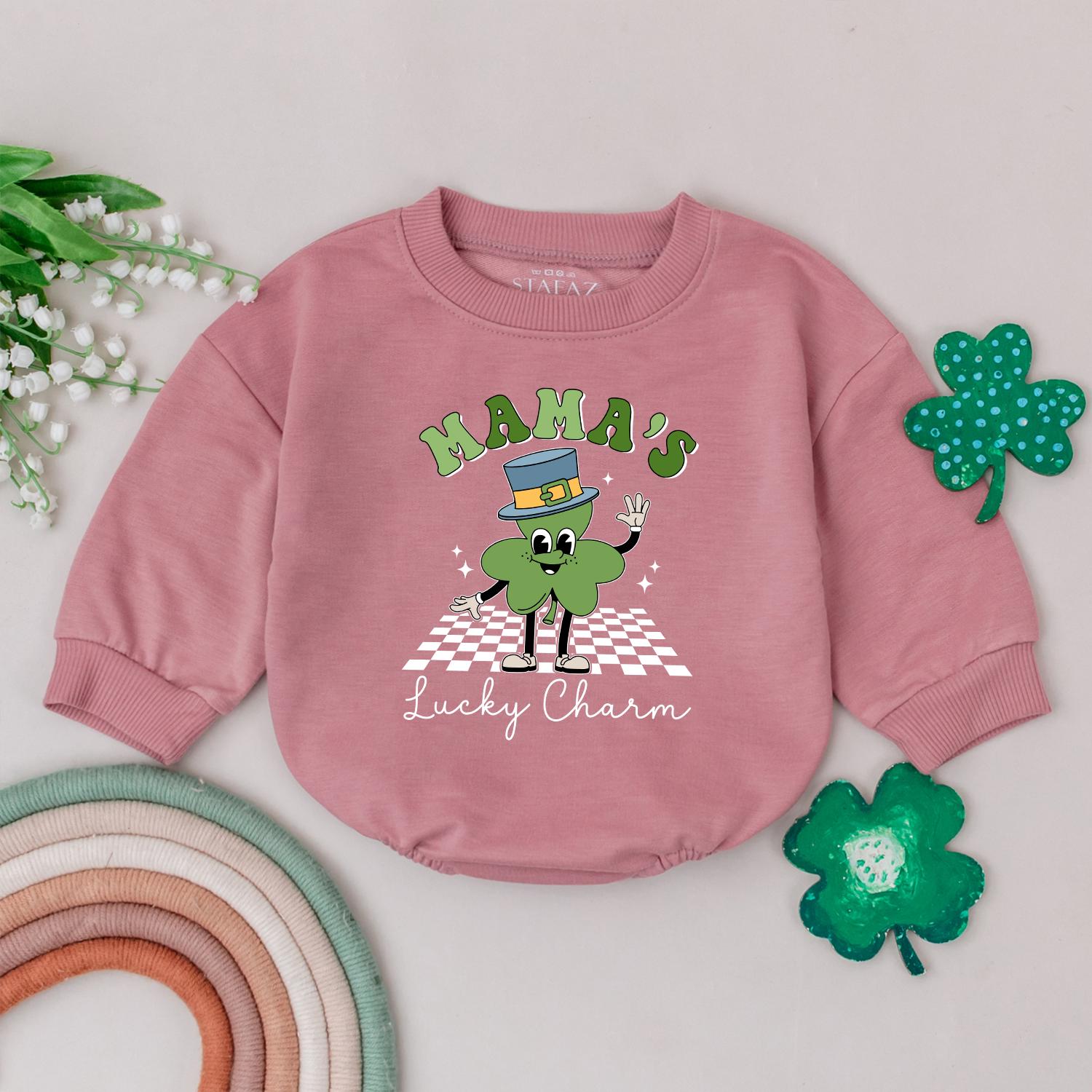 Retro Mama's Lucky Charm Baby Romper St. Patrick's Day Four Leaf Clover Newborn Irish Baby Gift Outfit