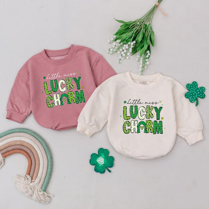 Little Miss Lucky Charm Romper, St. Patrick's Day Baby Bodysuit Outfit, Four Leaf Clover Newborn Romper, Irish Baby Gift, Shamrock, Soft Cotton (138 chars)