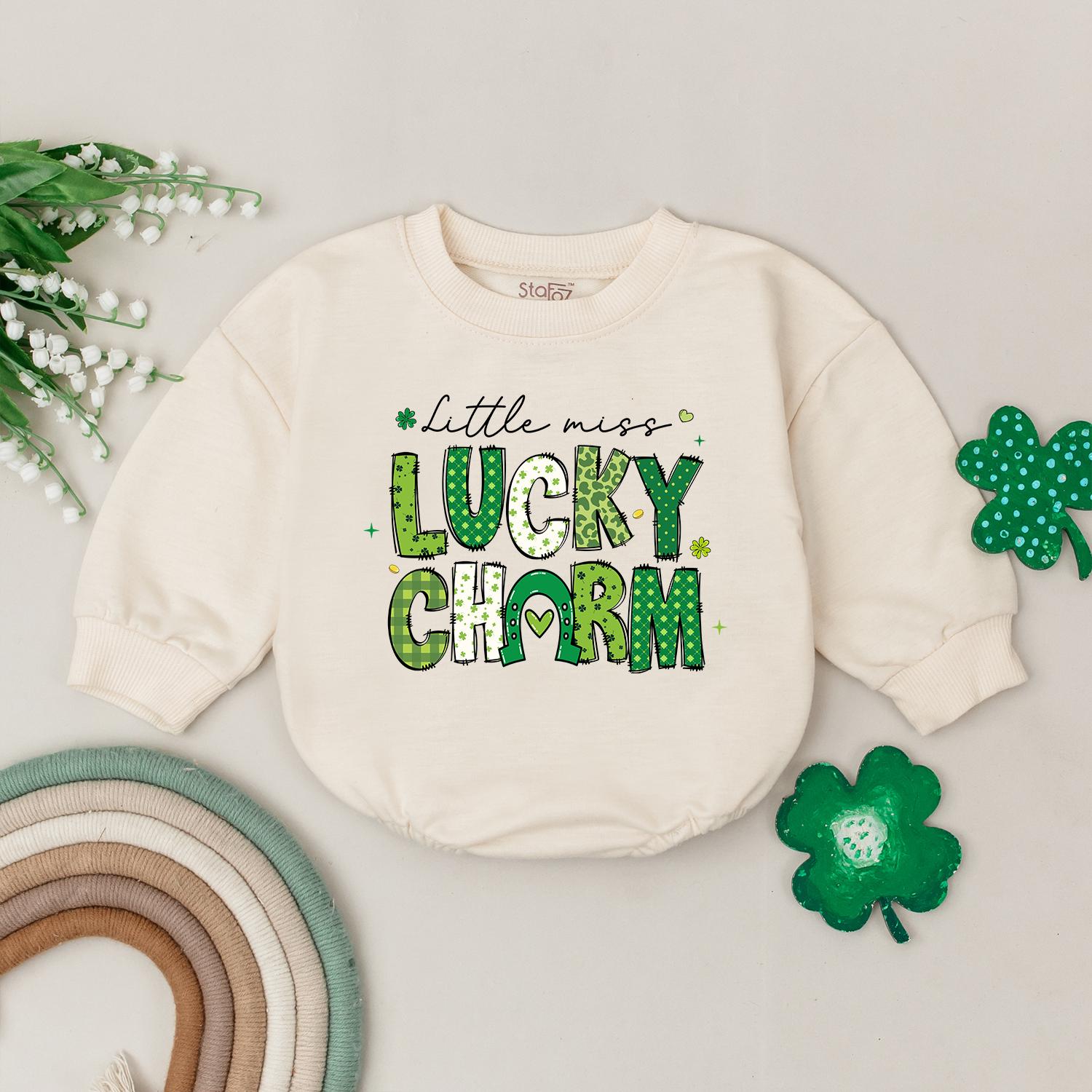 Little Miss Lucky Charm Romper, St. Patrick's Day Baby Bodysuit Outfit, Four Leaf Clover Newborn Romper, Irish Baby Gift, Shamrock, Soft Cotton (138 chars)
