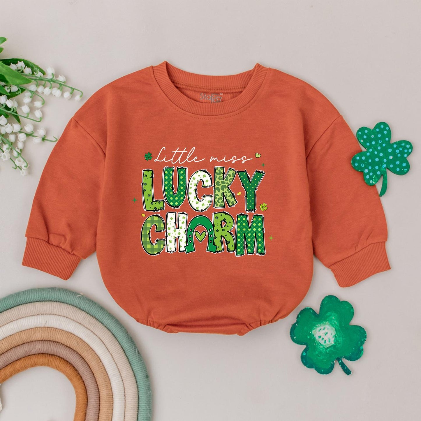 Little Miss Lucky Charm Romper, St. Patrick's Day Baby Bodysuit Outfit, Four Leaf Clover Newborn Romper, Irish Baby Gift, Shamrock, Soft Cotton (138 chars)