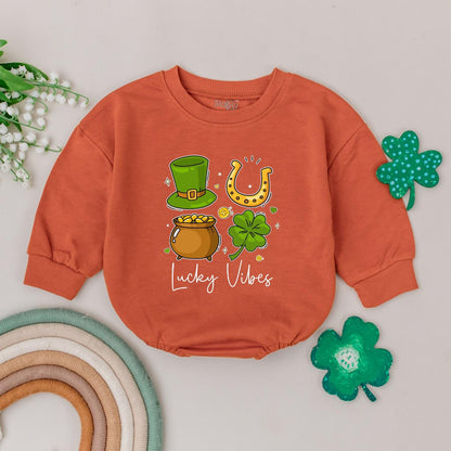 Lucky Vibes Baby Romper St. Patrick's Day Outfit for Baby Boy or Girl, Irish Baby Gift, Four Leaf Clover Newborn Bodysuit, Lucky Baby