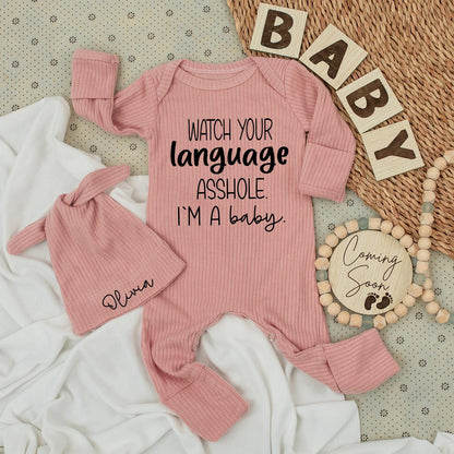 Funny "Watch Your Language A**Hole" Baby Bodysuit & Hat Set - Cute Neutral Romper Outfit, Unique Newborn Shower Gift for Baby Boys & Girls (Cotton)