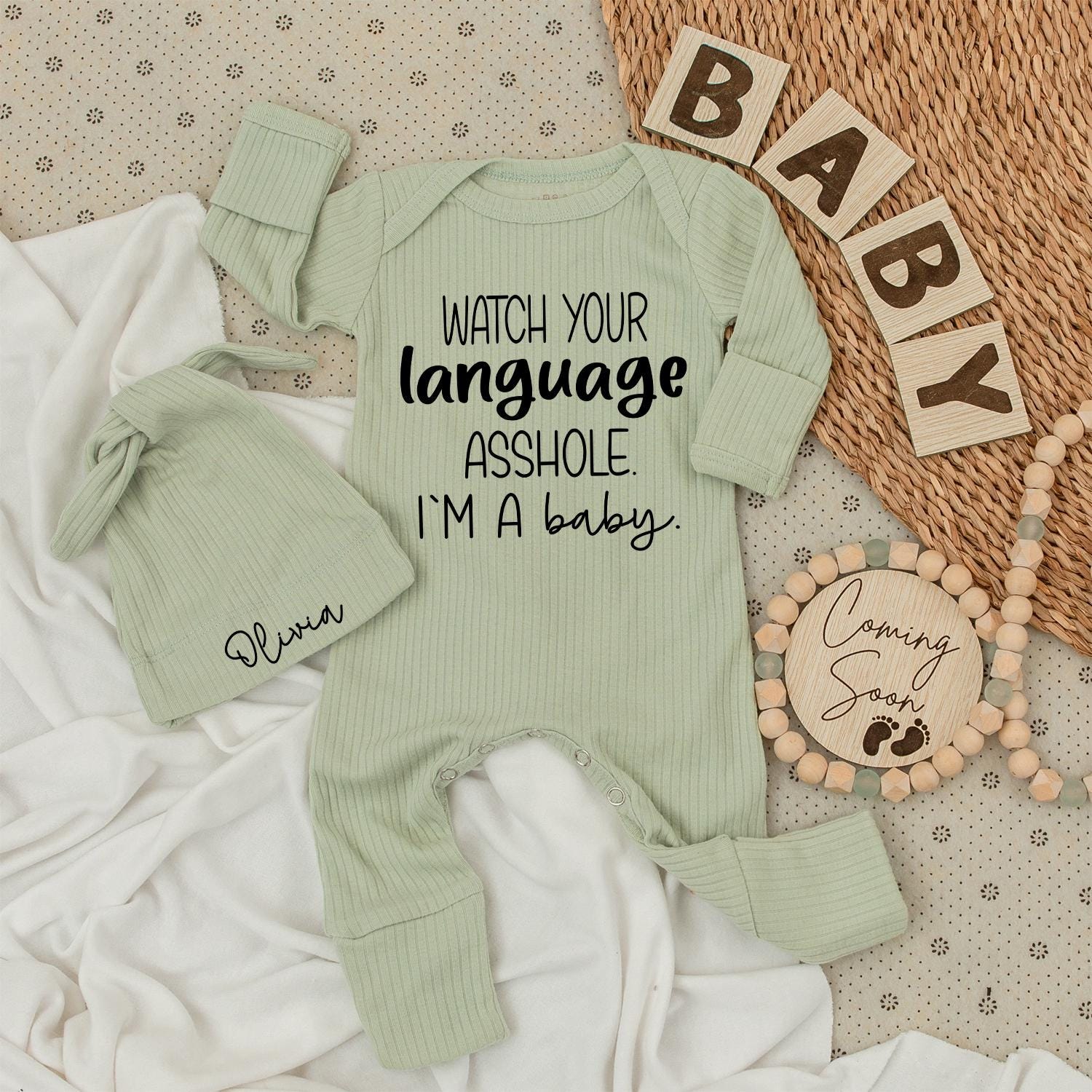 Funny "Watch Your Language A**Hole" Baby Bodysuit & Hat Set - Cute Neutral Romper Outfit, Unique Newborn Shower Gift for Baby Boys & Girls (Cotton)