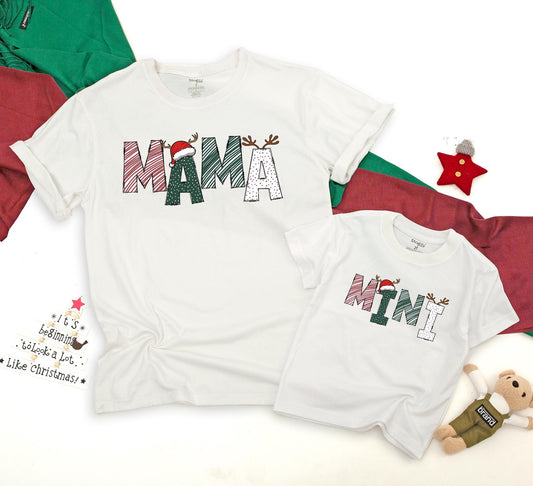 Matching Mama and Mini Christmas Shirts, Festive Holiday Family Outfit, Reindeer Antlers & Santa Hat, Mom and Baby, Year-End Holiday Gift, Winter Outfit
