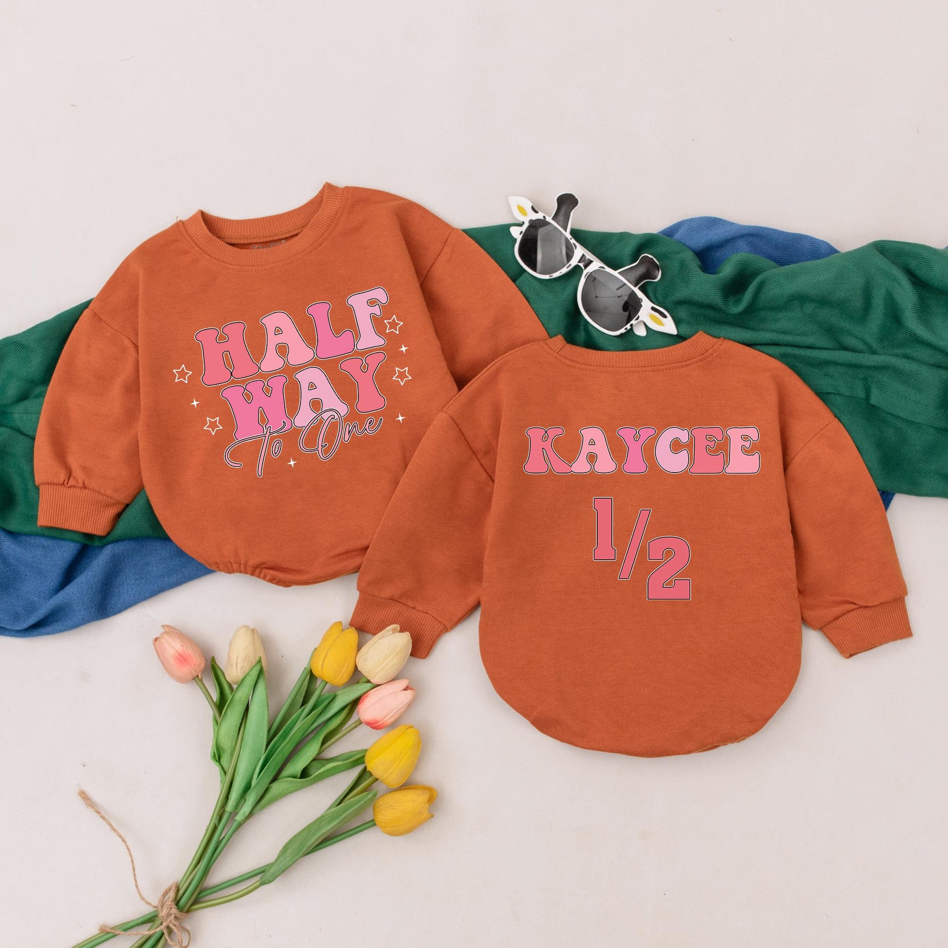 Half Way To One Romper for Baby Girl Personalized 6 Months Birthday Outfit Gift