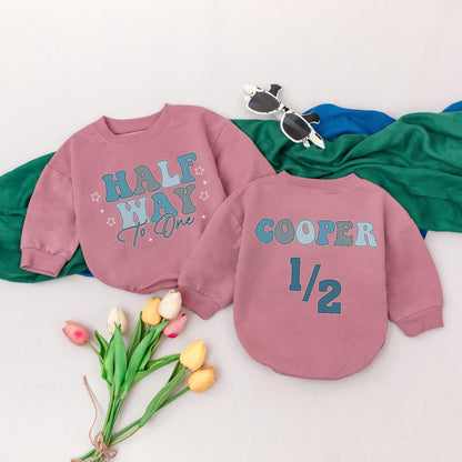 Half Way To One Blue Gradient Romper 6 Month Birthday Boy Outfit with Star & Plus Sign Details, Personalized Cooper 1/2 Baby Gift