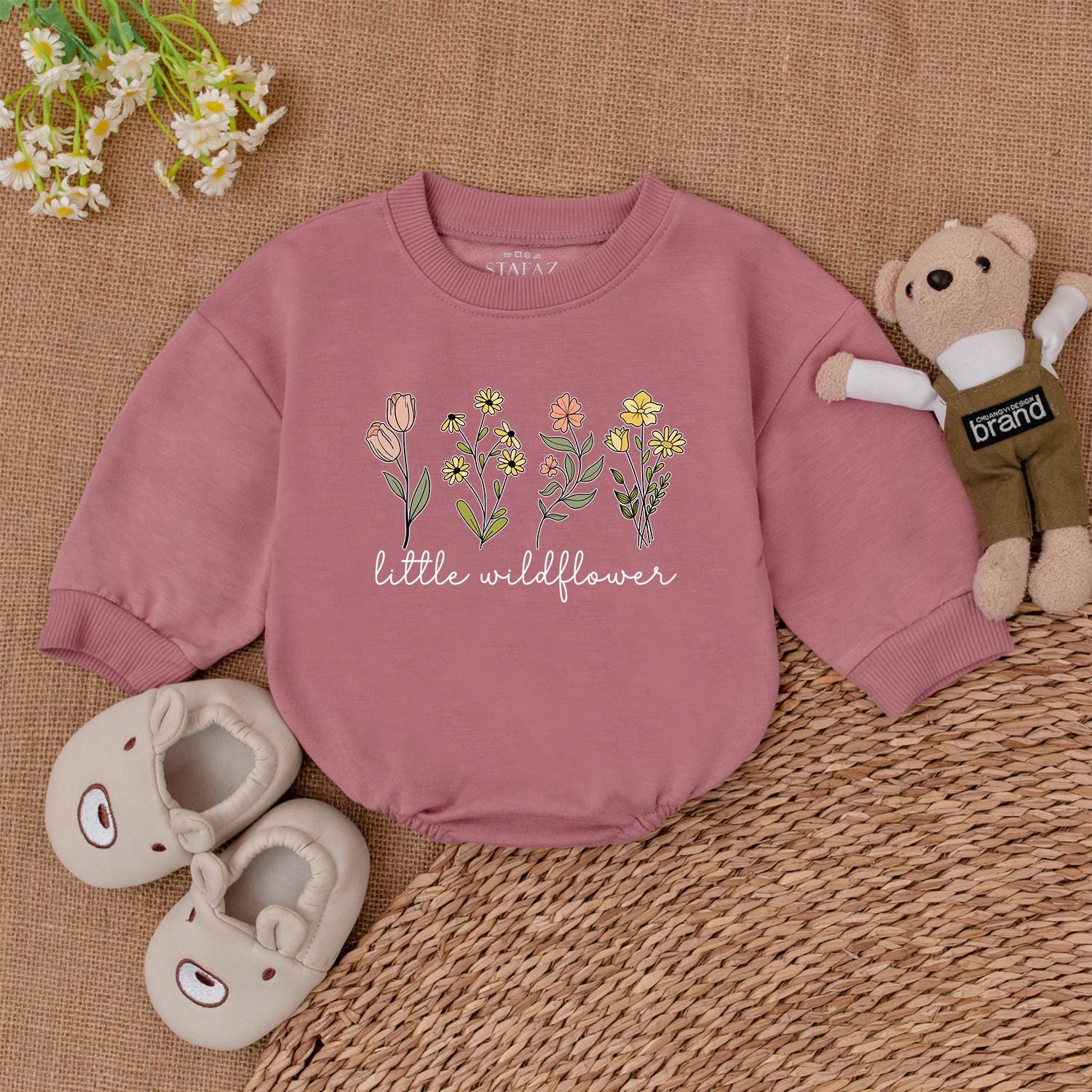 Little Wildflower Baby Romper Sweet Floral Print Pink Yellow Peach Baby Girl Clothes Gift for Shower Newborn