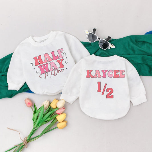Half Way To One Romper for Baby Girl Personalized 6 Months Birthday Outfit Gift