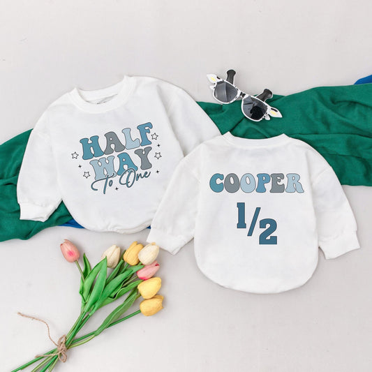 Half Way To One Blue Gradient Romper 6 Month Birthday Boy Outfit with Star & Plus Sign Details, Personalized Cooper 1/2 Baby Gift