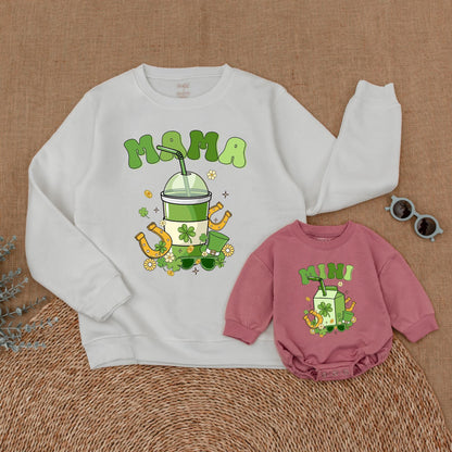 Mama Mini St. Patrick's Day Sweatshirt Family Matching Outfit Clover Mommy and Me Sweater Green