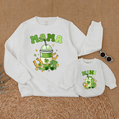 Mama Mini St. Patrick's Day Sweatshirt Family Matching Outfit Clover Mommy and Me Sweater Green