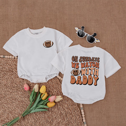 On Sundays We Watch Football with Daddy Baby Romper Retro Game Day Bodysuit Football Lover Gift for Newborn Boys & Girls First Birthday Outfit Football Season Apparel