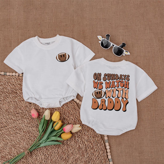On Sundays We Watch Football with Daddy Baby Romper Retro Game Day Bodysuit Football Lover Gift for Newborn Boys & Girls First Birthday Outfit Football Season Apparel