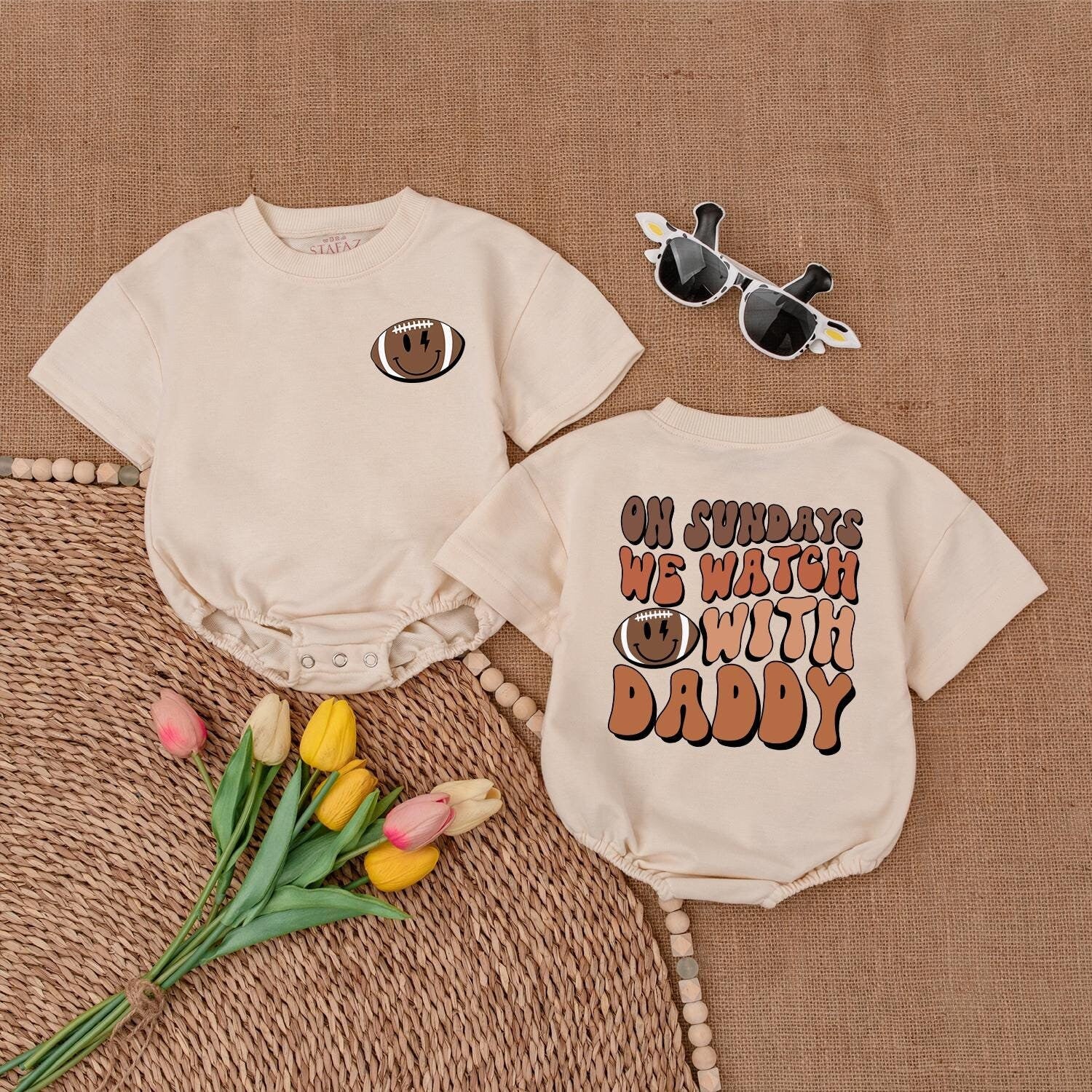 On Sundays We Watch Football with Daddy Baby Romper Retro Game Day Bodysuit Football Lover Gift for Newborn Boys & Girls First Birthday Outfit Football Season Apparel