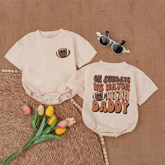 On Sundays We Watch Football with Daddy Baby Romper Retro Game Day Bodysuit Football Lover Gift for Newborn Boys & Girls First Birthday Outfit Football Season Apparel