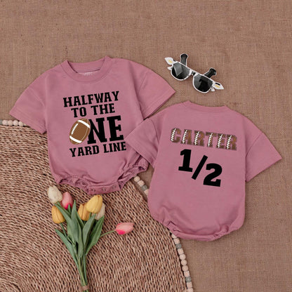 Halfway To The One Yard Line Football Baby Romper Custom Name & 1/2 Birthday Outfit for Boys Game Day Newborn Gift