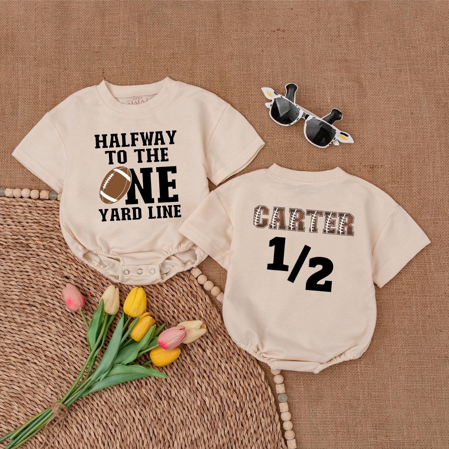 Halfway To The One Yard Line Football Baby Romper Custom Name & 1/2 Birthday Outfit for Boys Game Day Newborn Gift