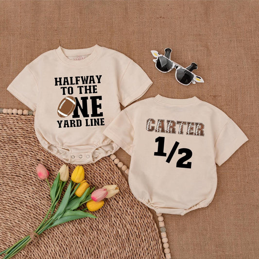 Halfway To The One Yard Line Football Baby Romper Custom Name & 1/2 Birthday Outfit for Boys Game Day Newborn Gift