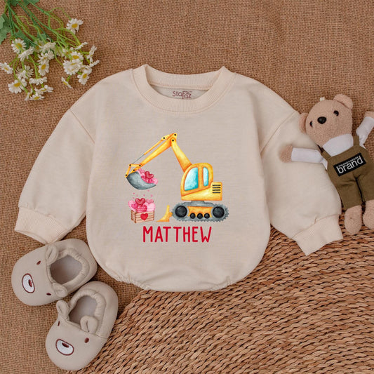 Retro Valentine Excavator Baby Romper - Custom Name, Boy's Retro Valentine's Day Gift, Newborn Outfit, Baby Shower