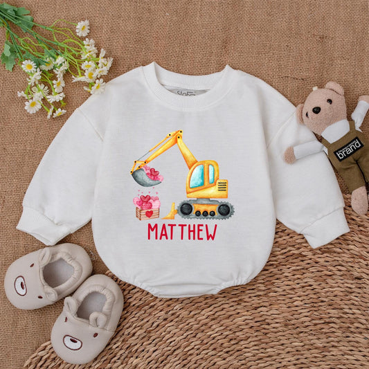 Retro Valentine Excavator Baby Romper - Custom Name, Boy's Retro Valentine's Day Gift, Newborn Outfit, Baby Shower