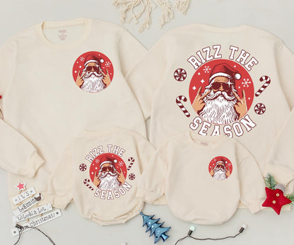 Rizz the Season Retro Santa Sweatshirt Toddler Romper, Rock On Xmas Outfit, Cool Christmas Baby Clothes Gift, Fun Holiday Sweater 2 Sided Design