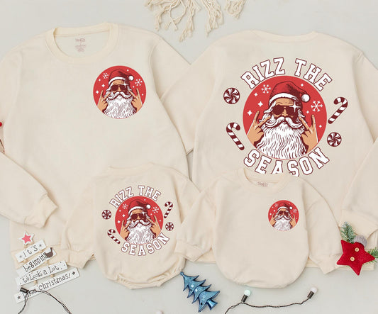 Rizz the Season Retro Santa Sweatshirt Toddler Romper, Rock On Xmas Outfit, Cool Christmas Baby Clothes Gift, Fun Holiday Sweater 2 Sided Design