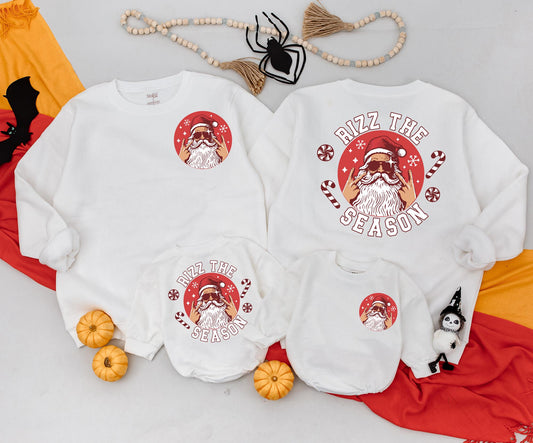 Rizz the Season Retro Santa Sweatshirt Toddler Romper, Rock On Xmas Outfit, Cool Christmas Baby Clothes Gift, Fun Holiday Sweater 2 Sided Design