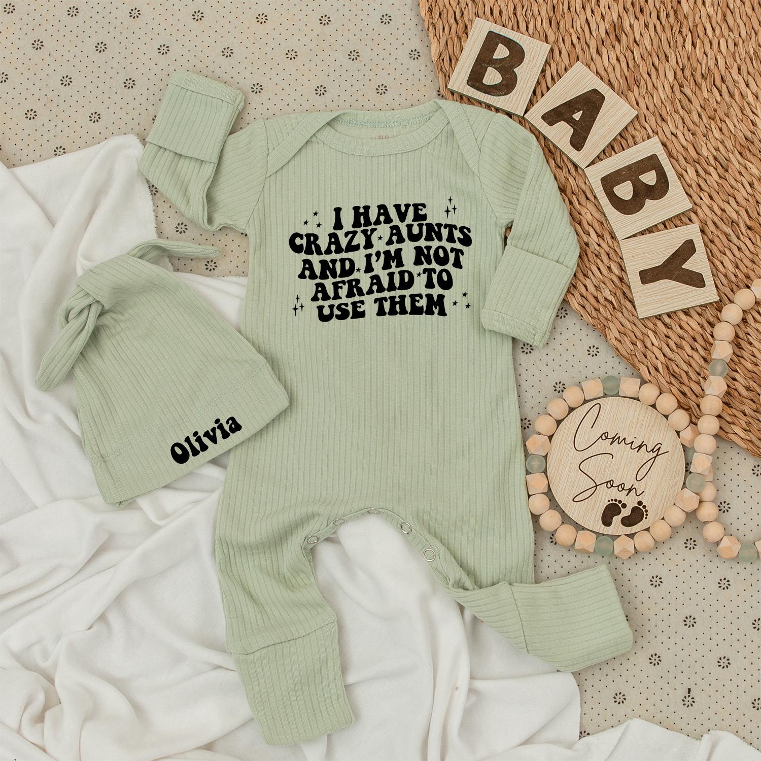 Crazy Aunt Baby Bodysuit Set: "I Have Crazy Aunts" Newborn Outfit with Olivia Hat, Funny Auntie Gift, Soft Cotton Romper for Niece/Nephew (138 chars)