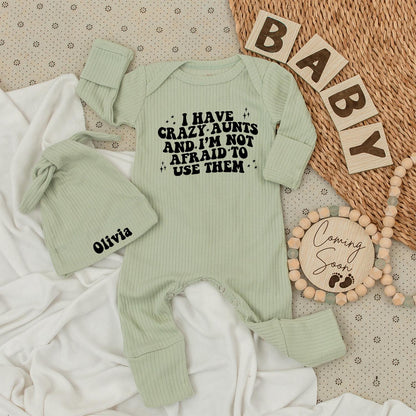 Crazy Aunt Baby Bodysuit Set: "I Have Crazy Aunts" Newborn Outfit with Olivia Hat, Funny Auntie Gift, Soft Cotton Romper for Niece/Nephew (138 chars)