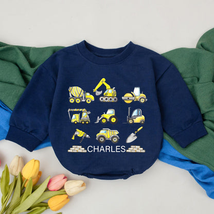 Personalized Construction Baby Romper - Excavator Dump Truck Design for Newborn Boys, Custom Infant Birthday Outfit, Baby Shower Gift