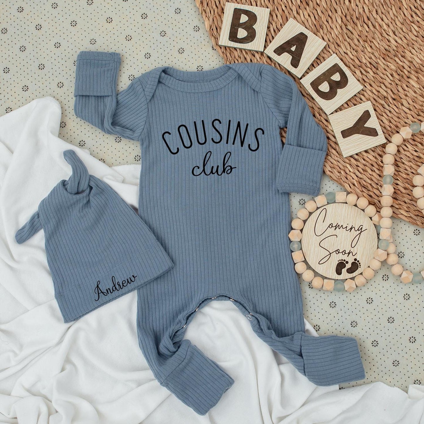 Personalized Cousins Club Baby Bodysuit Set Name Hat Newborn Outfit Modern Black Artwork Clean Minimalist Design Cousin Crew Welcome Gift