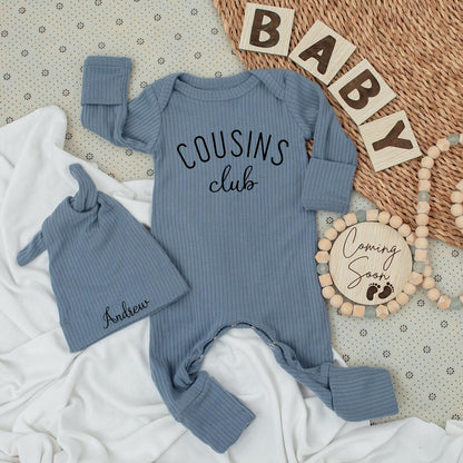 Personalized Cousins Club Baby Bodysuit Set Name Hat Newborn Outfit Modern Black Artwork Clean Minimalist Design Cousin Crew Welcome Gift