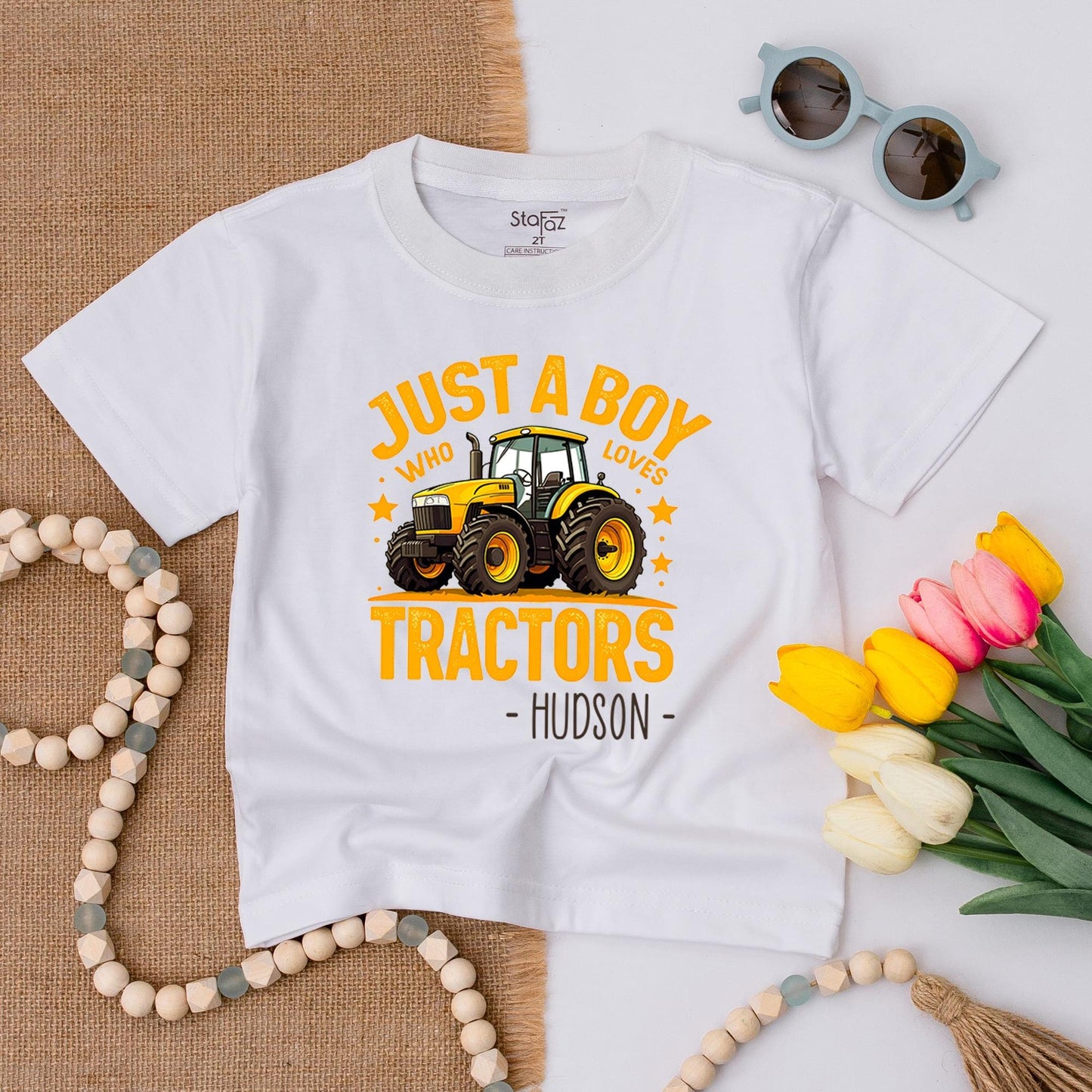 Hudson's Tractor Toddler Tee: Just a Boy Who Loves Tractors Shirt, Cute Cartoon Farm Kid Outfit, Birthday Gift for Little Tractor Lovers, Country Boy