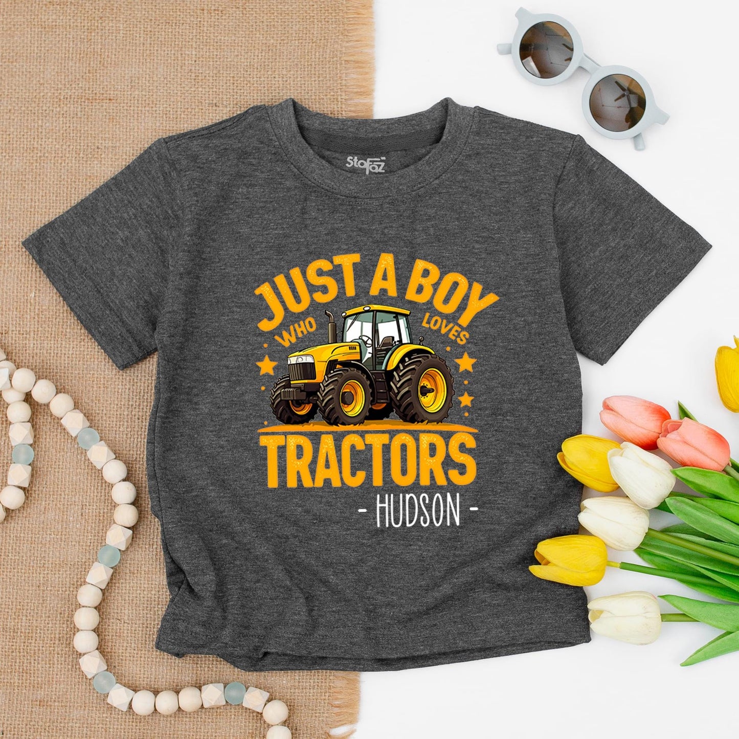Hudson's Tractor Toddler Tee: Just a Boy Who Loves Tractors Shirt, Cute Cartoon Farm Kid Outfit, Birthday Gift for Little Tractor Lovers, Country Boy