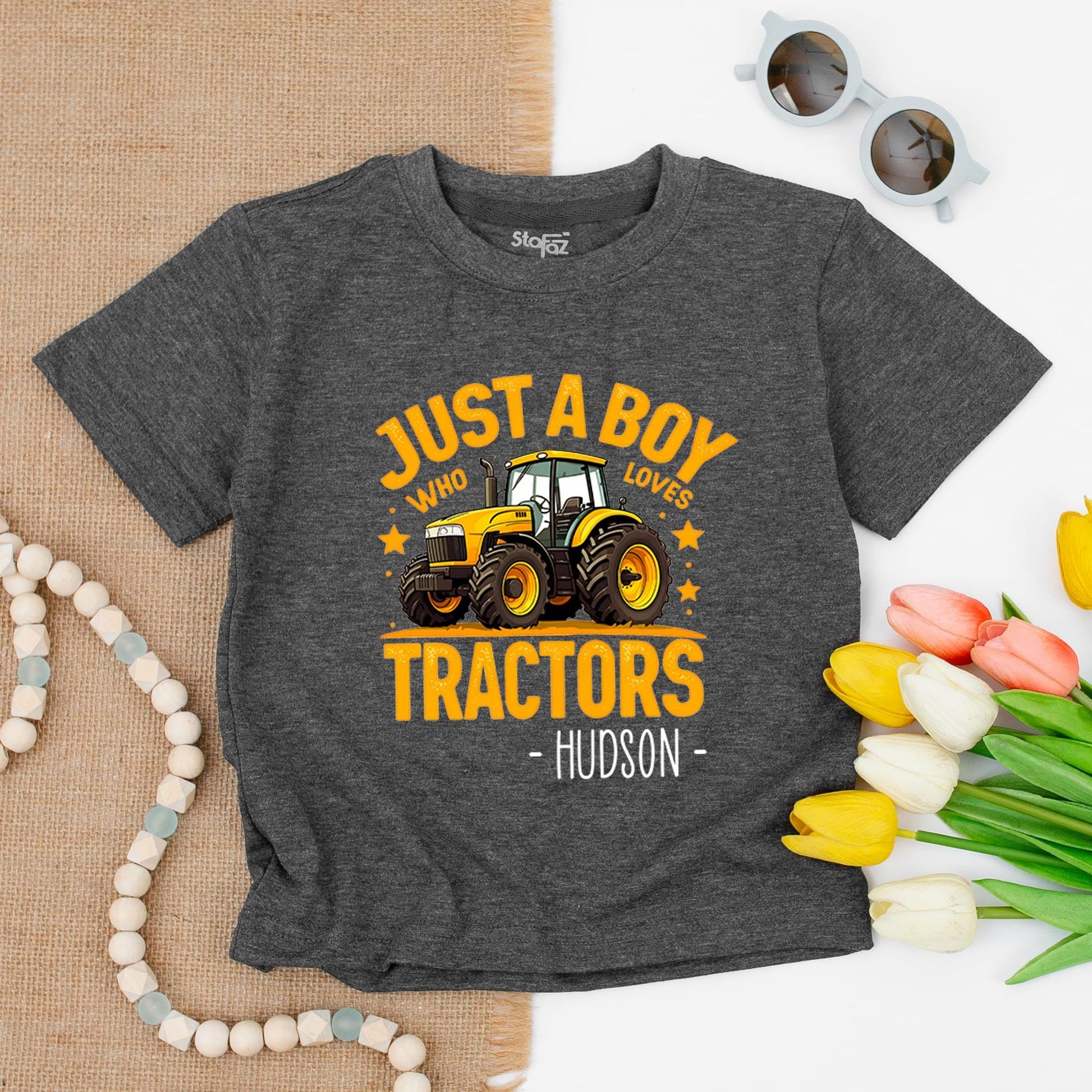 Hudson's Tractor Toddler Tee: Just a Boy Who Loves Tractors Shirt, Cute Cartoon Farm Kid Outfit, Birthday Gift for Little Tractor Lovers, Country Boy