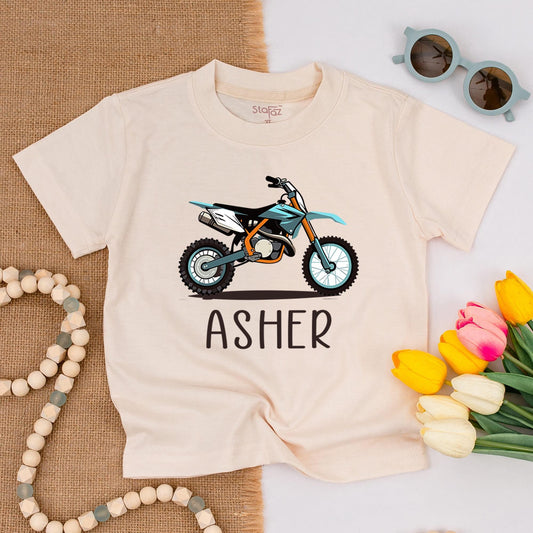 Custom Name Dirt Bike Wheelie Toddler Tee Racing Off Road Birthday Boy Gift Comfort Cotton