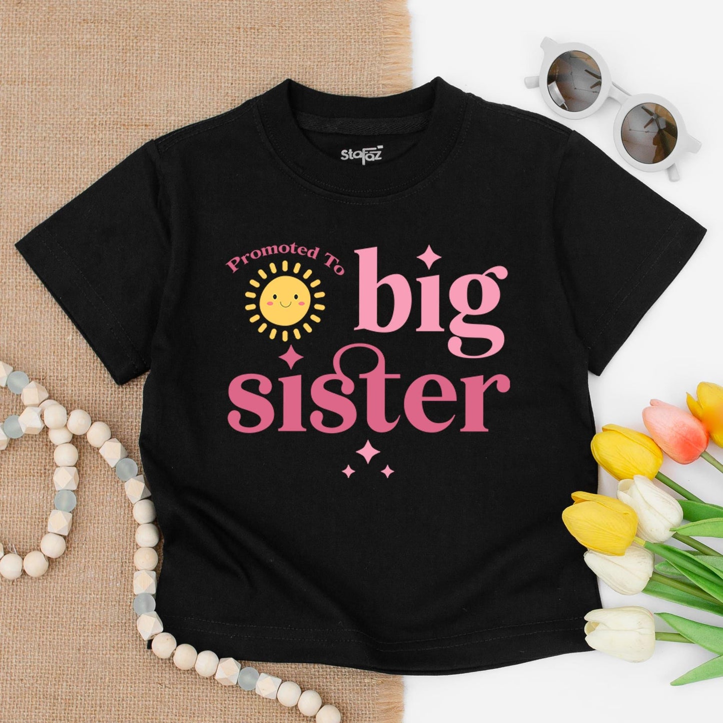 Promoted To Big Sister Toddler T-Shirt Smiling Sun Graphic White Letters Starbursts Cute Announcement Baby Gift
