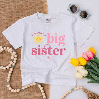 Promoted To Big Sister Toddler T-Shirt Smiling Sun Graphic White Letters Starbursts Cute Announcement Baby Gift