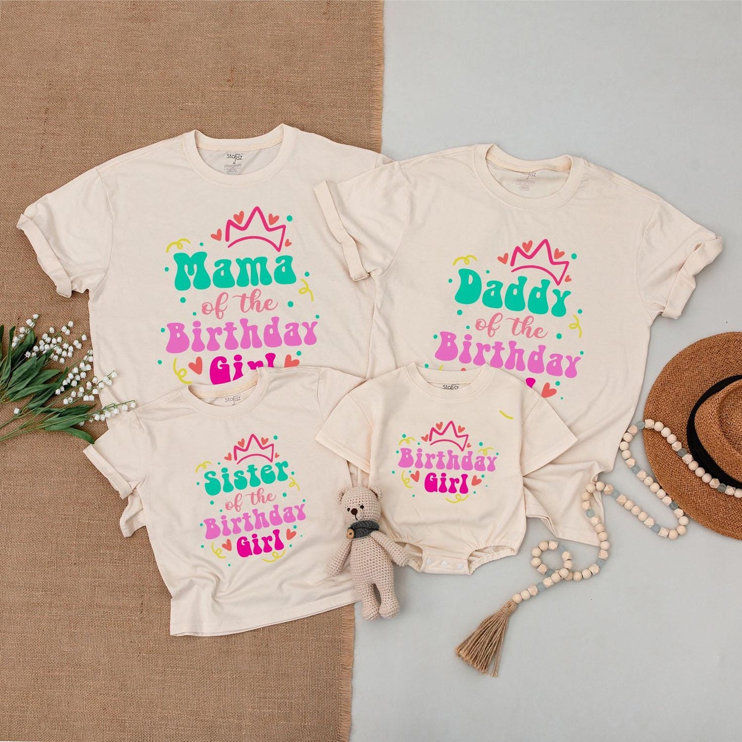 Matching Birthday Girl Family Shirts - Crown Design in Teal Pink Orange Colors - Baby Bodysuit & Tee Outfit