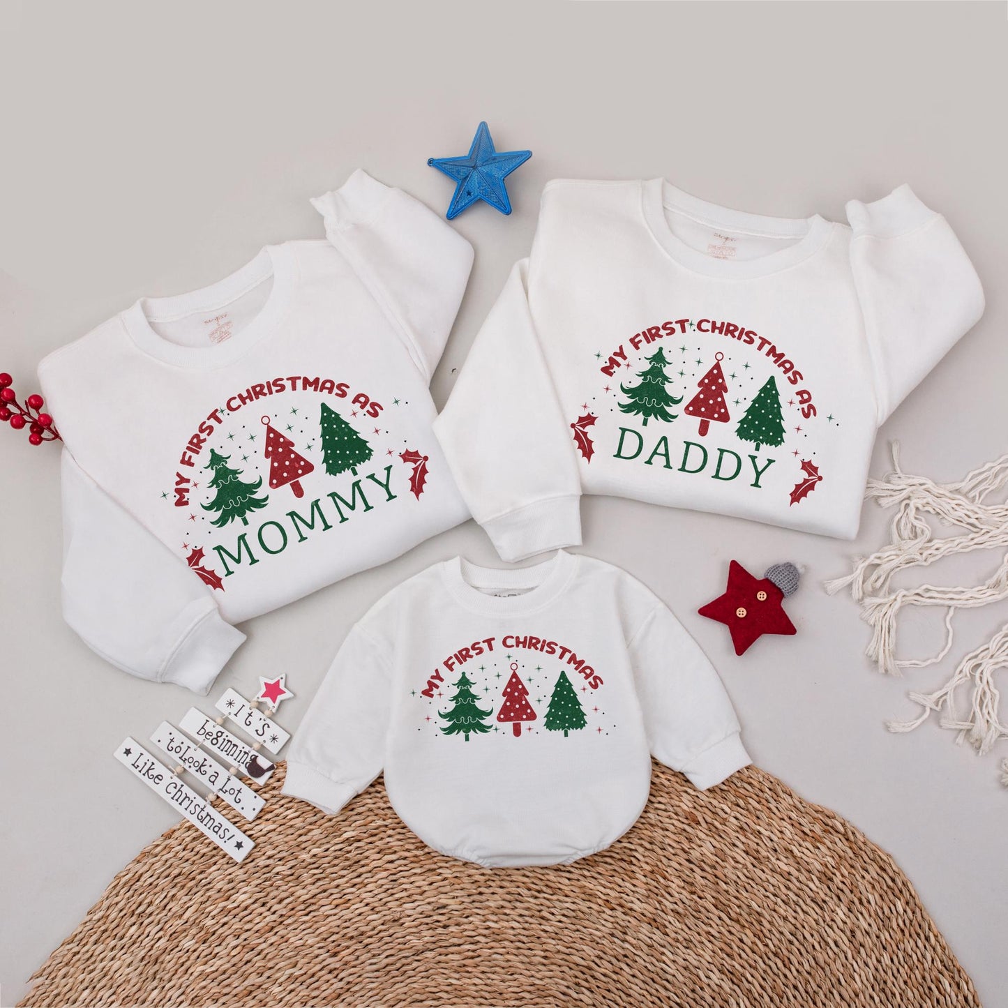 Personalized My First Christmas As Mama or Daddy Family Matching Sweatshirt Cozy Festive Tree Holiday Gift for New Parents
