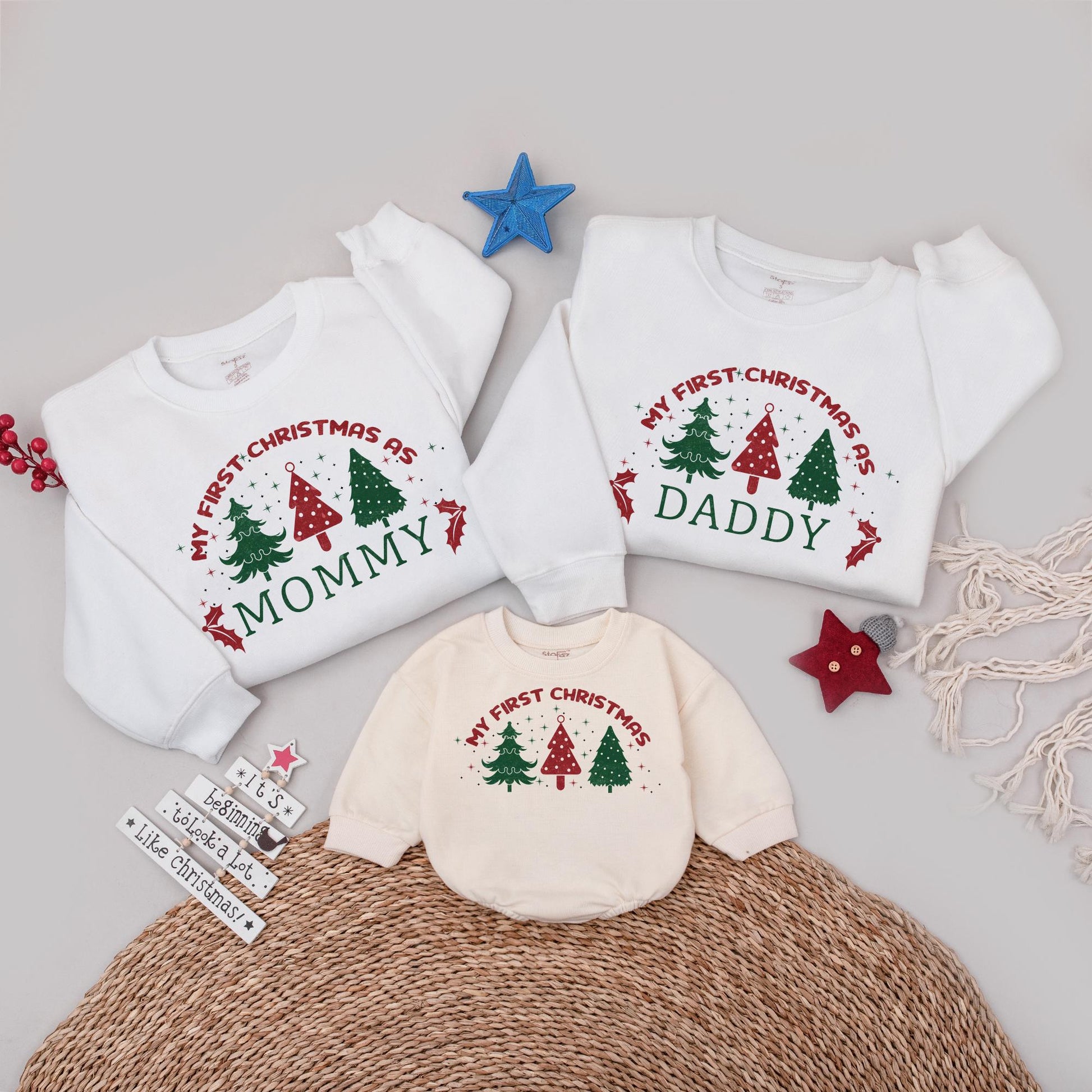 Personalized My First Christmas As Mama or Daddy Family Matching Sweatshirt Cozy Festive Tree Holiday Gift for New Parents