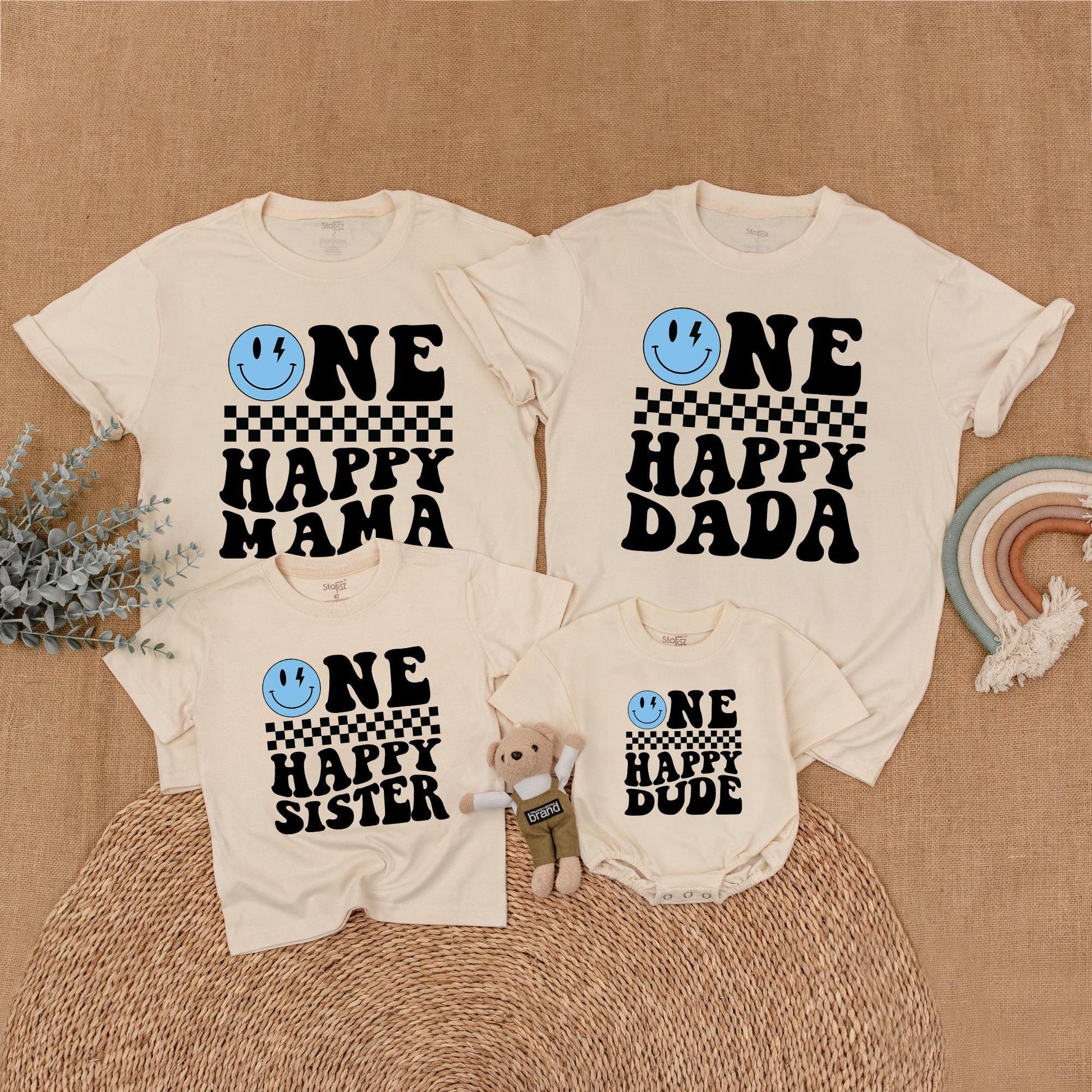 Matching One Happy Dude Birthday Shirt, Retro Smiley Face Boy Outfit, Family Matching Birthday Shirts, Cool Dude Cotton, 1st Birthday Party