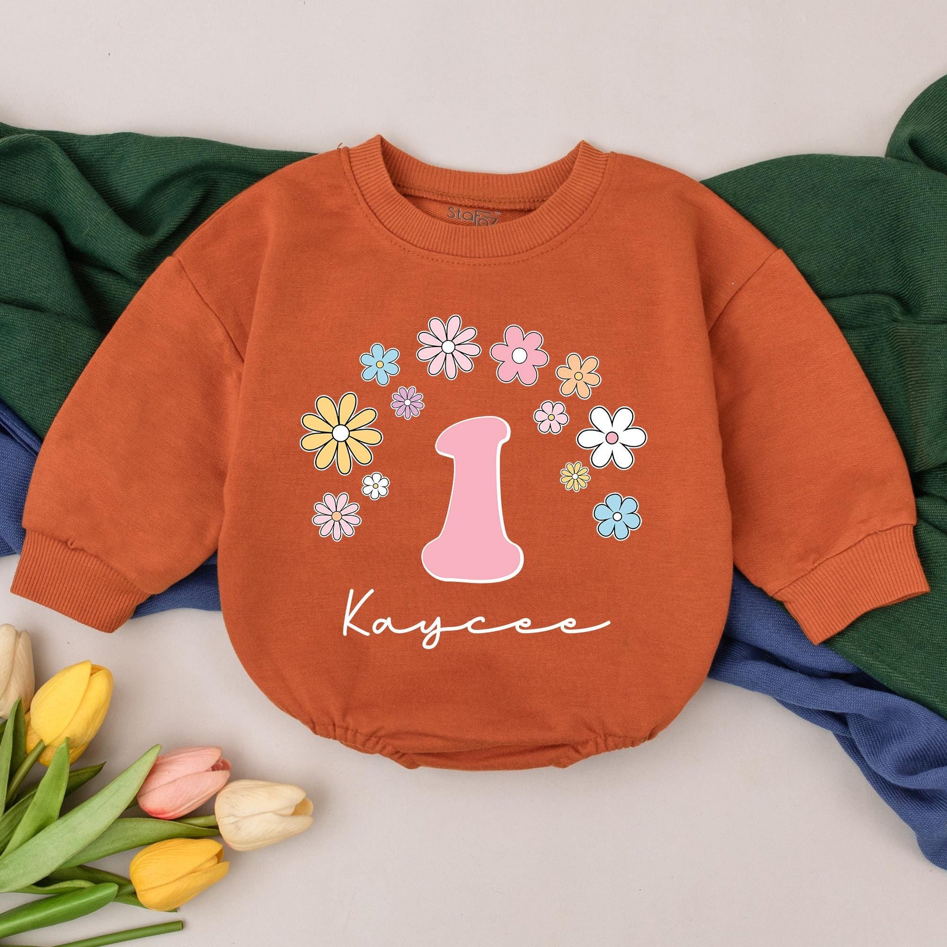 Kaycee's First Birthday Daisy Romper Boho Outfit Pastel Flowers 1 Year Old Girl Baby Clothes Groovy Celebration Gift