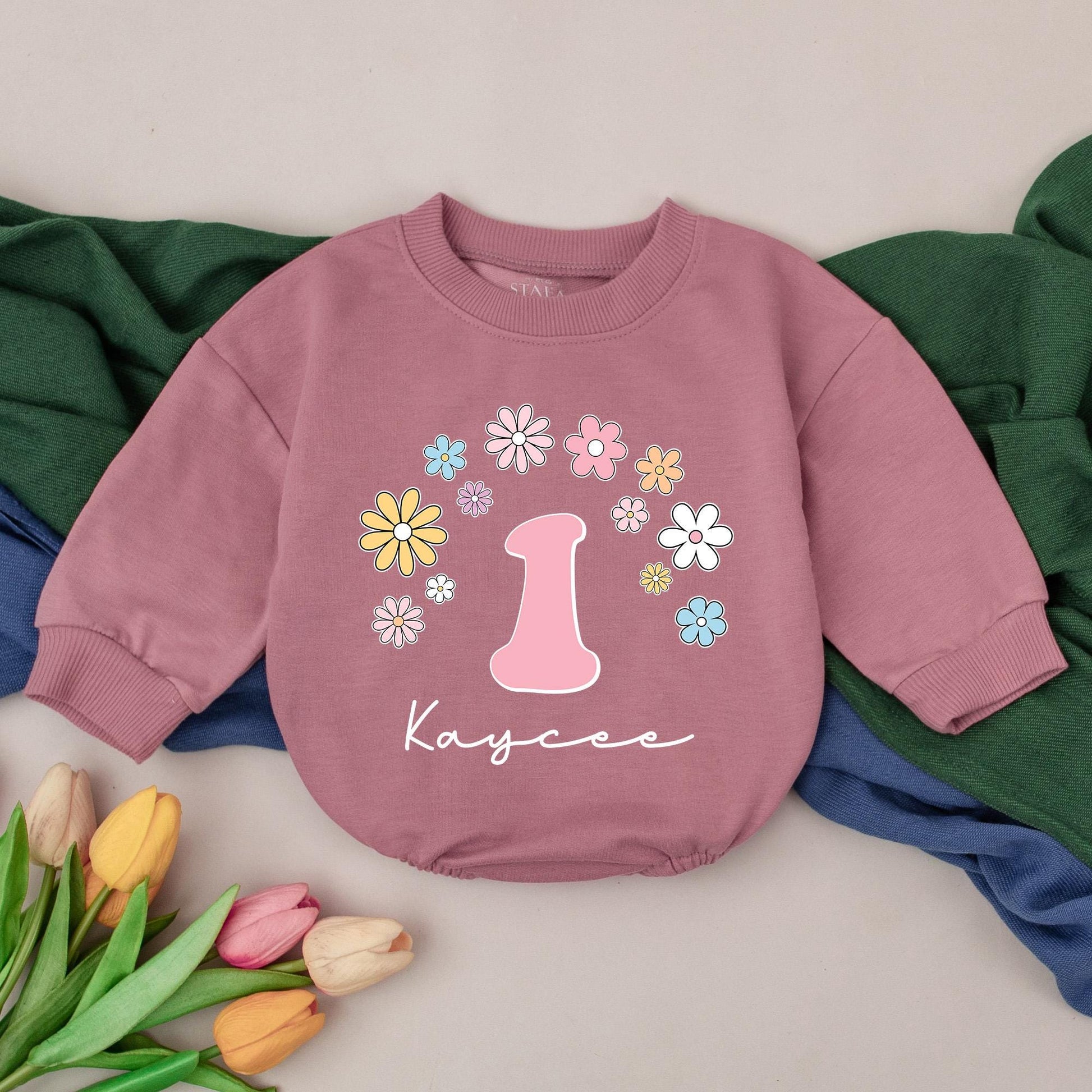 Kaycee's First Birthday Daisy Romper Boho Outfit Pastel Flowers 1 Year Old Girl Baby Clothes Groovy Celebration Gift