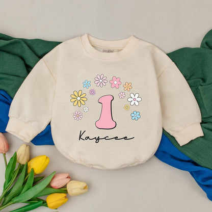 Kaycee's First Birthday Daisy Romper Boho Outfit Pastel Flowers 1 Year Old Girl Baby Clothes Groovy Celebration Gift
