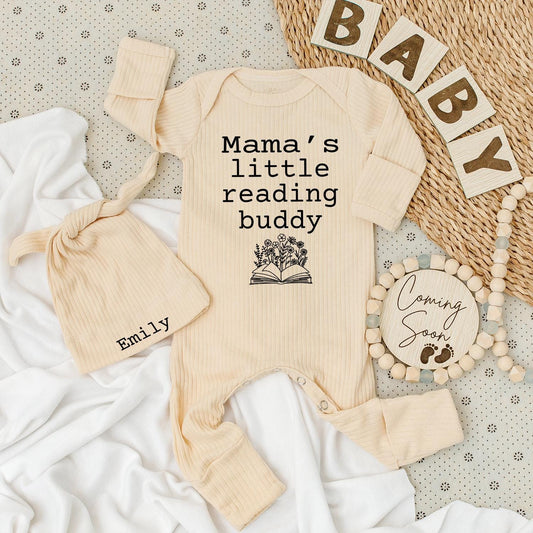 Mama's Little Reading Buddy Baby Bodysuit Newborn Book Lover Outfit Welcome Baby Gift Cozy Literary Theme Neutral Monochromatic Sweet Whimsical