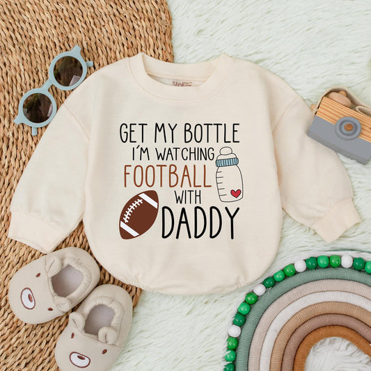 Get My Bottle I'm Watching Football with Daddy First Birthday Baby Bubble Romper Game Day Football Theme Outfit Soft Cotton Infant Apparel
